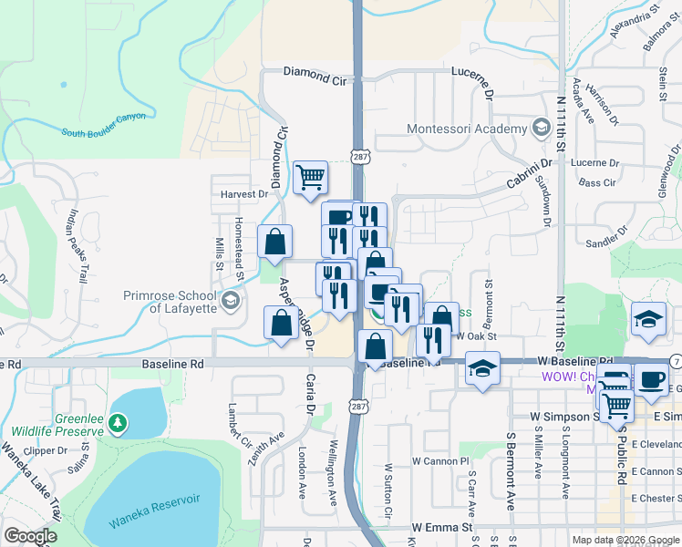 map of restaurants, bars, coffee shops, grocery stores, and more near 579 Diamond Circle in Lafayette