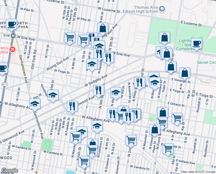 map of restaurants, bars, coffee shops, grocery stores, and more near 459 West Glenwood Avenue in Philadelphia
