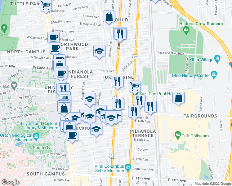 map of restaurants, bars, coffee shops, grocery stores, and more near Summit Street & East 19th Avenue in Columbus