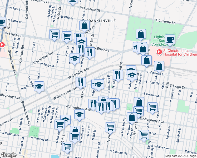 map of restaurants, bars, coffee shops, grocery stores, and more near 3438 North Orianna Street in Philadelphia