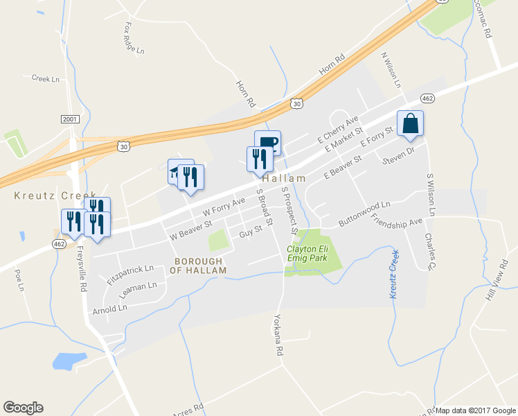 map of restaurants, bars, coffee shops, grocery stores, and more near 100 South Broad Street in York