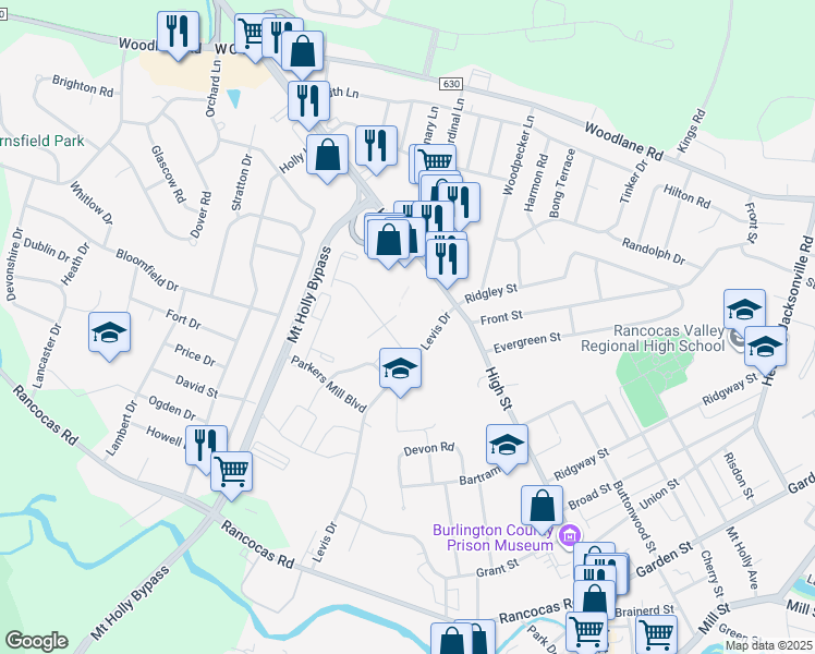 map of restaurants, bars, coffee shops, grocery stores, and more near 64 Regency Drive in Mount Holly