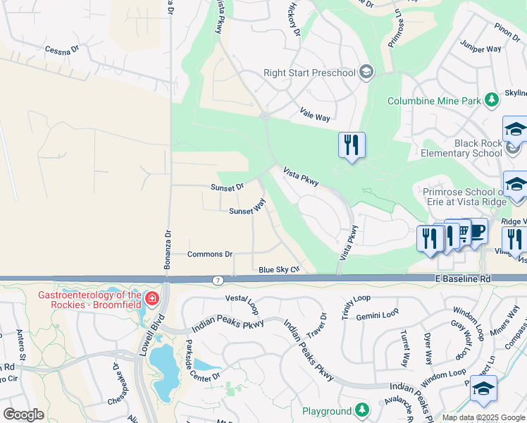 map of restaurants, bars, coffee shops, grocery stores, and more near 2800 Blue sky Circle in Erie