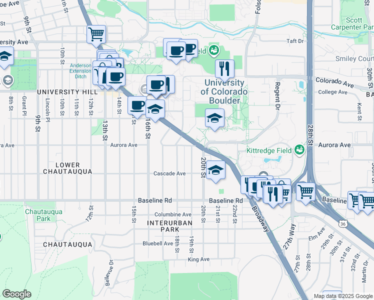 map of restaurants, bars, coffee shops, grocery stores, and more near in Boulder