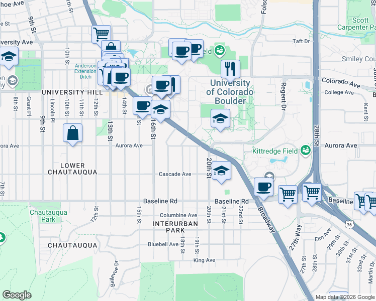 map of restaurants, bars, coffee shops, grocery stores, and more near 890 18th Street in Boulder