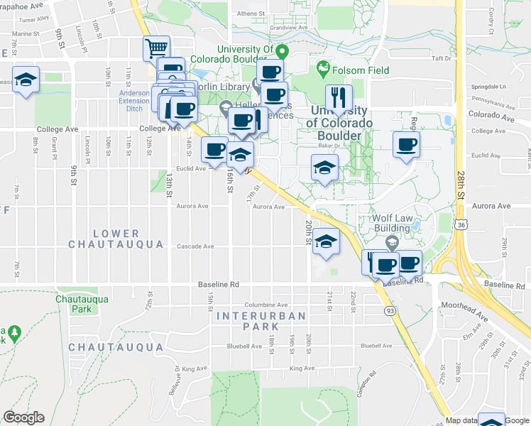 map of restaurants, bars, coffee shops, grocery stores, and more near 890 18th Street in Boulder