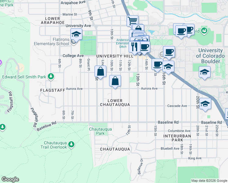 map of restaurants, bars, coffee shops, grocery stores, and more near 895 11th Street in Boulder