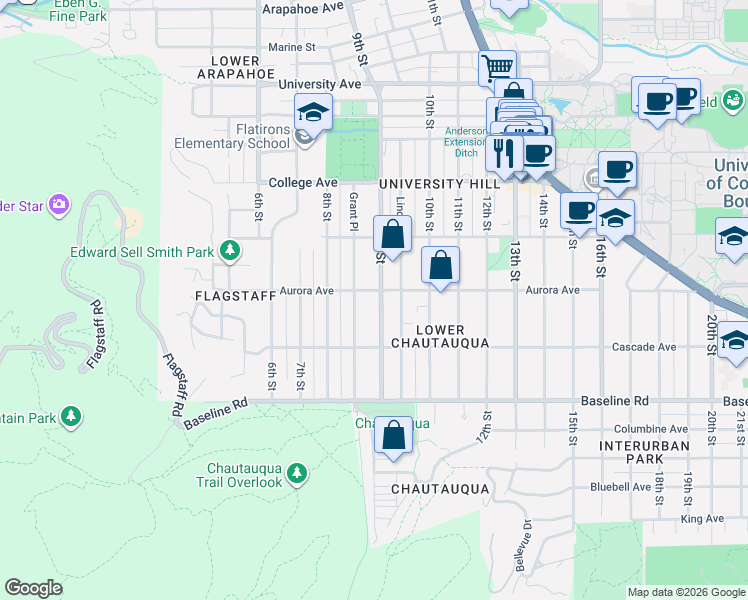 map of restaurants, bars, coffee shops, grocery stores, and more near in Boulder