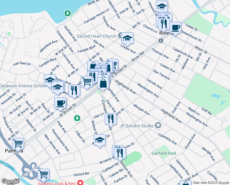 map of restaurants, bars, coffee shops, grocery stores, and more near 628 Garfield Ave in Palmyra