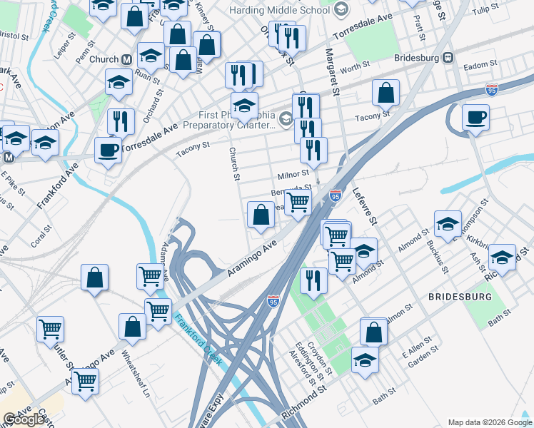 map of restaurants, bars, coffee shops, grocery stores, and more near 4336 Sepviva Street in Philadelphia