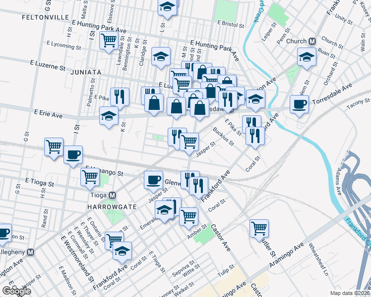 map of restaurants, bars, coffee shops, grocery stores, and more near 3741 Kensington Avenue in Philadelphia