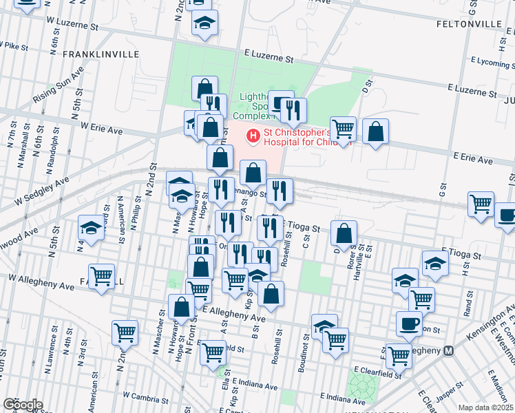 map of restaurants, bars, coffee shops, grocery stores, and more near 3533 A Street in Philadelphia