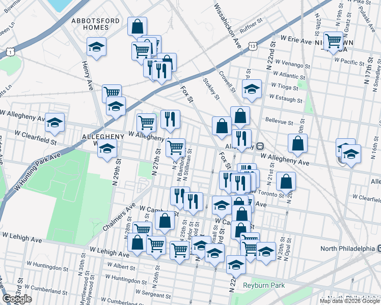 map of restaurants, bars, coffee shops, grocery stores, and more near 3152 North 25th Street in Philadelphia