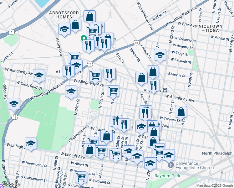 map of restaurants, bars, coffee shops, grocery stores, and more near 3141 North 26th Street in Philadelphia
