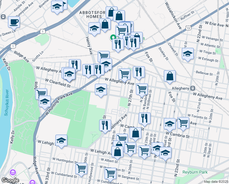 map of restaurants, bars, coffee shops, grocery stores, and more near in Philadelphia