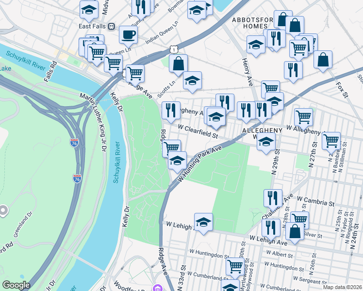 map of restaurants, bars, coffee shops, grocery stores, and more near 3000 North 34th Street in Philadelphia
