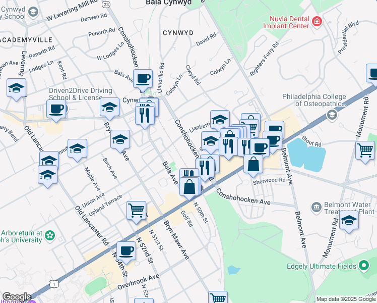 map of restaurants, bars, coffee shops, grocery stores, and more near 41 Conshohocken State Road in Bala Cynwyd