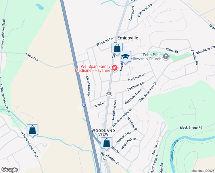map of restaurants, bars, coffee shops, grocery stores, and more near 2636 North George Street in York