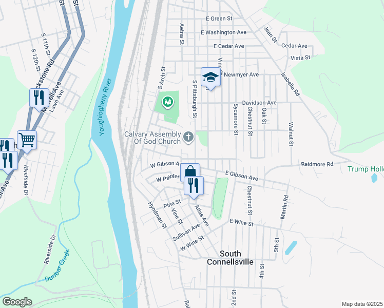 map of restaurants, bars, coffee shops, grocery stores, and more near 1325 South Pittsburgh Street in Connellsville