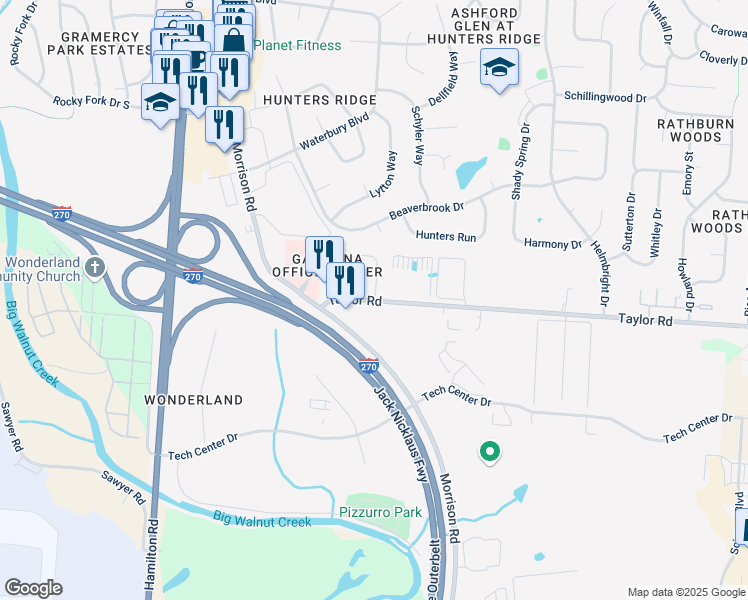 map of restaurants, bars, coffee shops, grocery stores, and more near 630 Chadwood Drive in Columbus