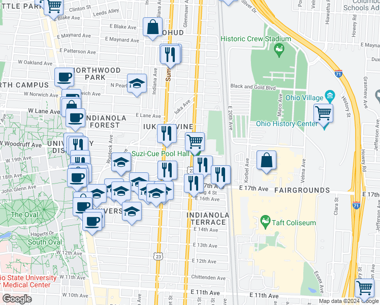 map of restaurants, bars, coffee shops, grocery stores, and more near 1966 North 4th Street in Columbus