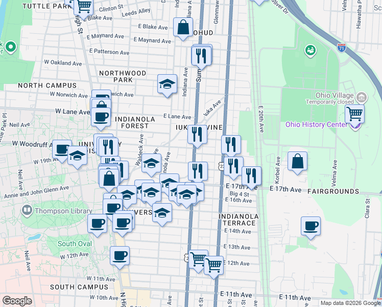 map of restaurants, bars, coffee shops, grocery stores, and more near 1975 Summit Street in Columbus