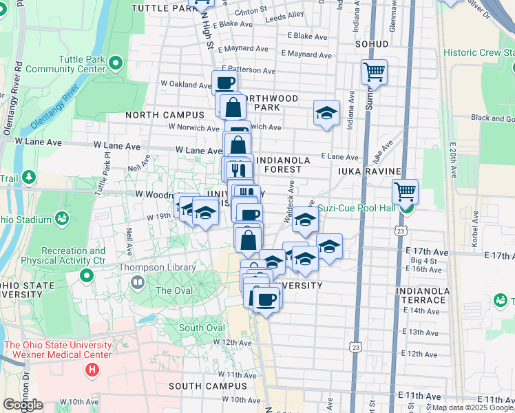 map of restaurants, bars, coffee shops, grocery stores, and more near 60 East 18th Avenue in Columbus