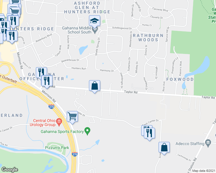 map of restaurants, bars, coffee shops, grocery stores, and more near 886 Taylor Road in Columbus
