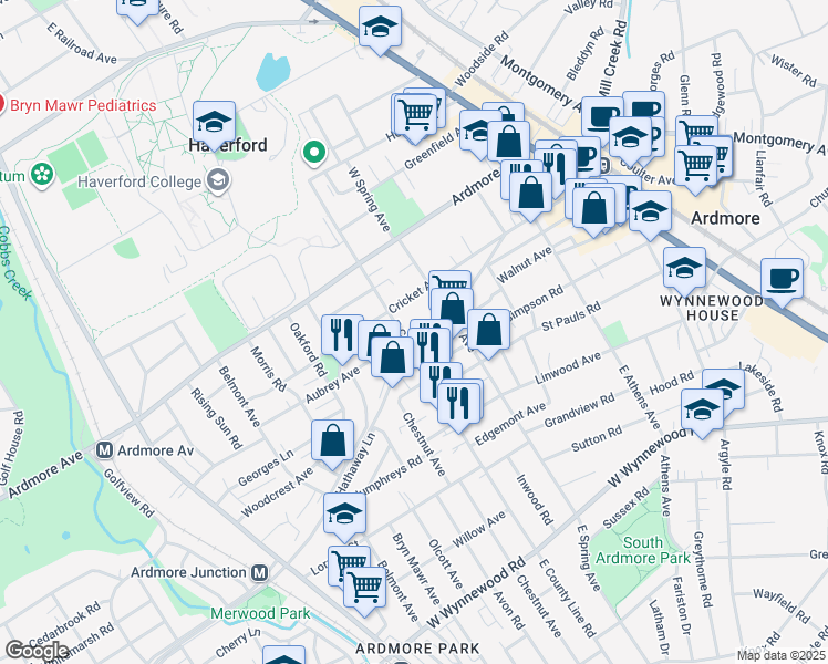 map of restaurants, bars, coffee shops, grocery stores, and more near 212 Lippincott Avenue in Ardmore