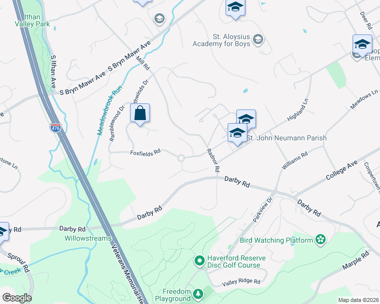 map of restaurants, bars, coffee shops, grocery stores, and more near 630 Foxfields Road in Bryn Mawr