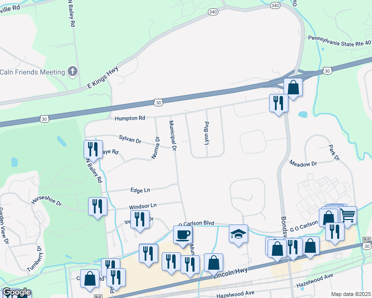 map of restaurants, bars, coffee shops, grocery stores, and more near 7 Williams Way in Downingtown