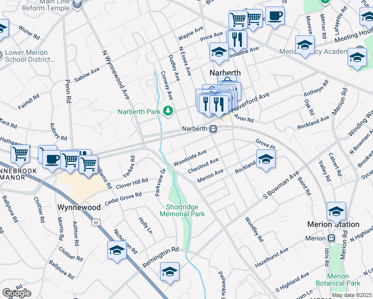 map of restaurants, bars, coffee shops, grocery stores, and more near 100 Elmwood Avenue in Narberth