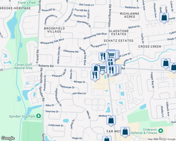 map of restaurants, bars, coffee shops, grocery stores, and more near 2511 Country Ridge Drive in Hilliard