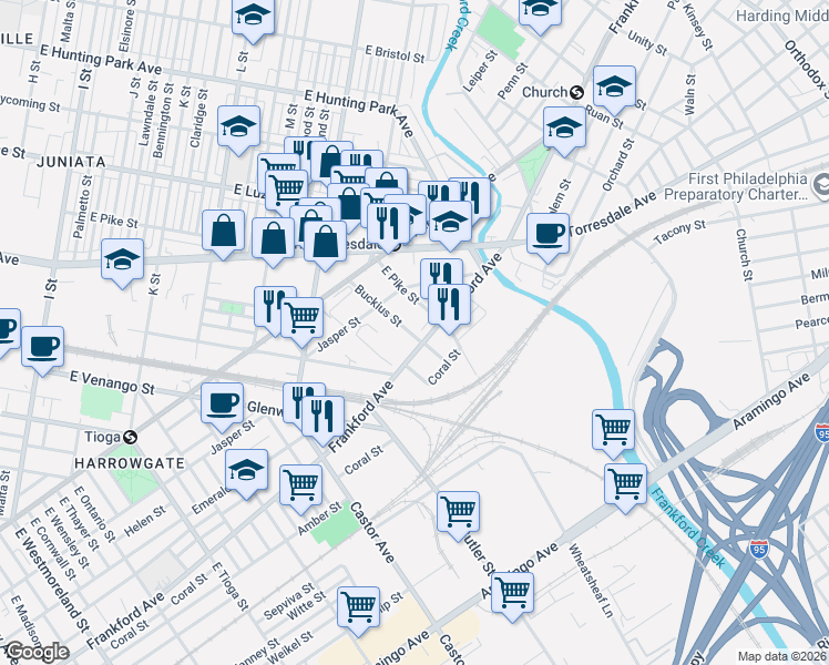 map of restaurants, bars, coffee shops, grocery stores, and more near 1949 Buckius Street in Philadelphia