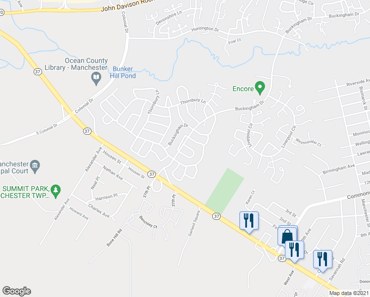 map of restaurants, bars, coffee shops, grocery stores, and more near 1066B Buckingham Drive in Manchester Township