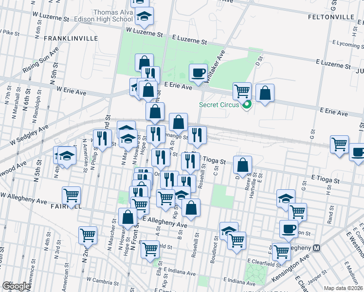 map of restaurants, bars, coffee shops, grocery stores, and more near 3533 A Street in Philadelphia