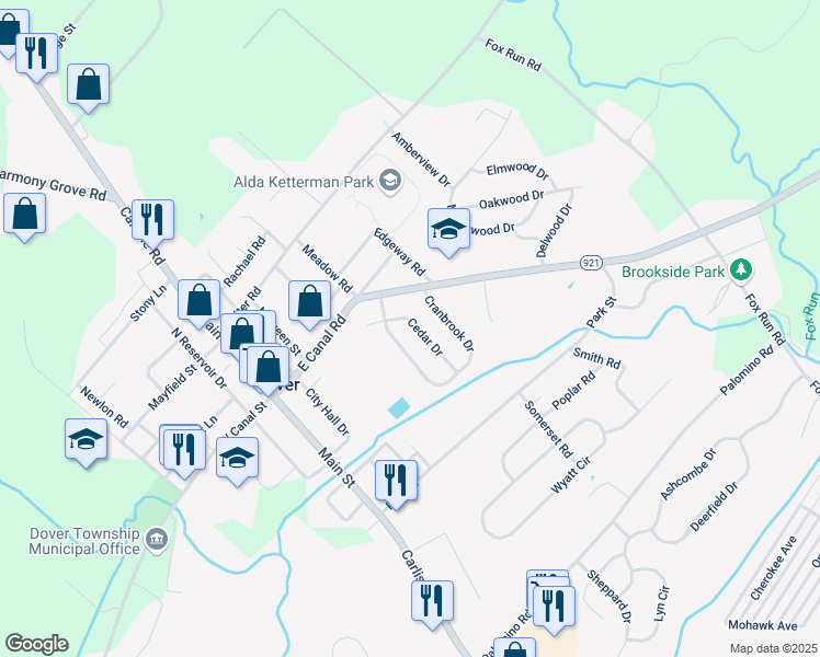 map of restaurants, bars, coffee shops, grocery stores, and more near 110 Cedar Dr in Dover