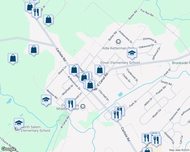 map of restaurants, bars, coffee shops, grocery stores, and more near 25 N Queen St in Dover