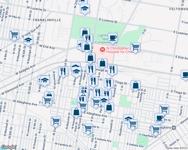 map of restaurants, bars, coffee shops, grocery stores, and more near 3518 North Water Street in Philadelphia