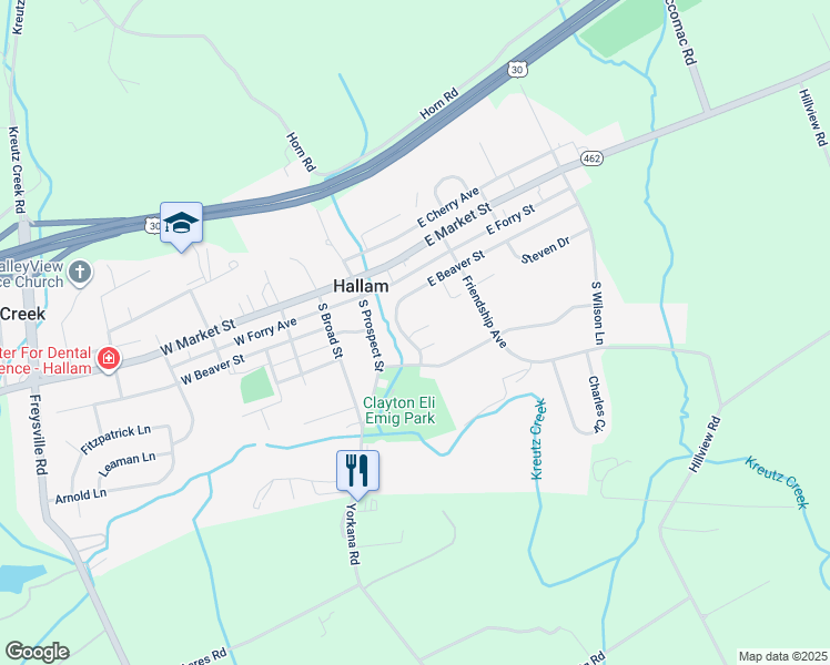 map of restaurants, bars, coffee shops, grocery stores, and more near 143 East Beaver Street in Hallam