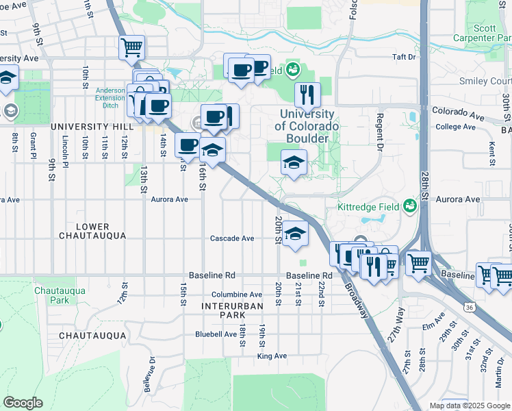 map of restaurants, bars, coffee shops, grocery stores, and more near in Boulder