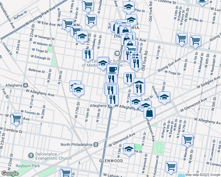 map of restaurants, bars, coffee shops, grocery stores, and more near 1411 West Westmoreland Street in Philadelphia