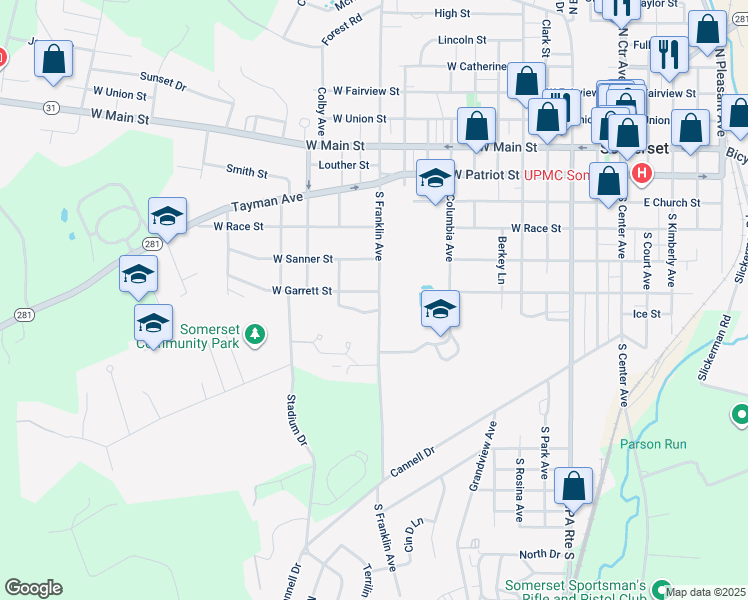 map of restaurants, bars, coffee shops, grocery stores, and more near 606 South Franklin Avenue in Somerset