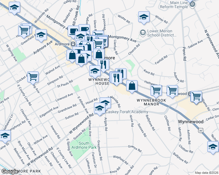 map of restaurants, bars, coffee shops, grocery stores, and more near 29 Chatham Road in Ardmore