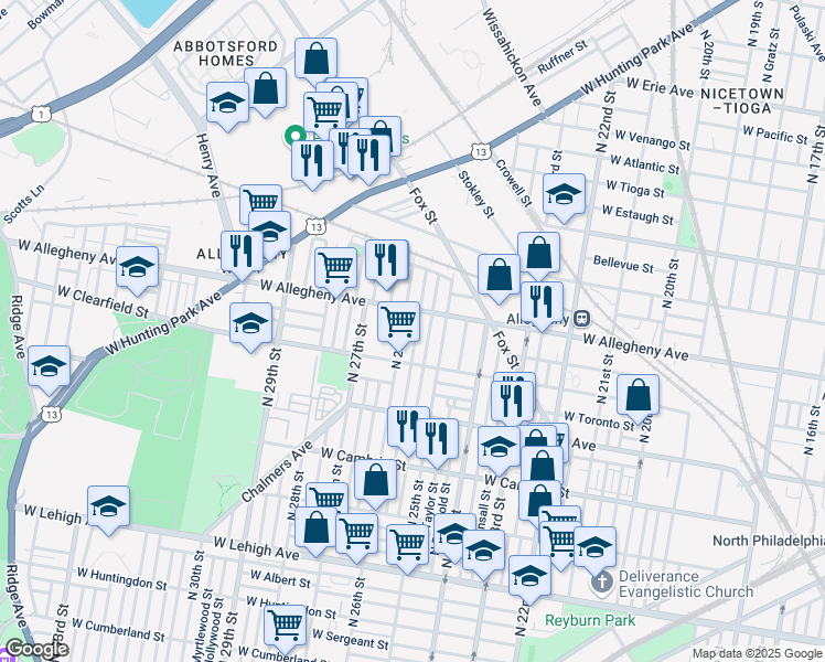 map of restaurants, bars, coffee shops, grocery stores, and more near 3141 North 26th Street in Philadelphia