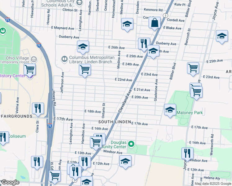 map of restaurants, bars, coffee shops, grocery stores, and more near 1218 East 20th Avenue in Columbus