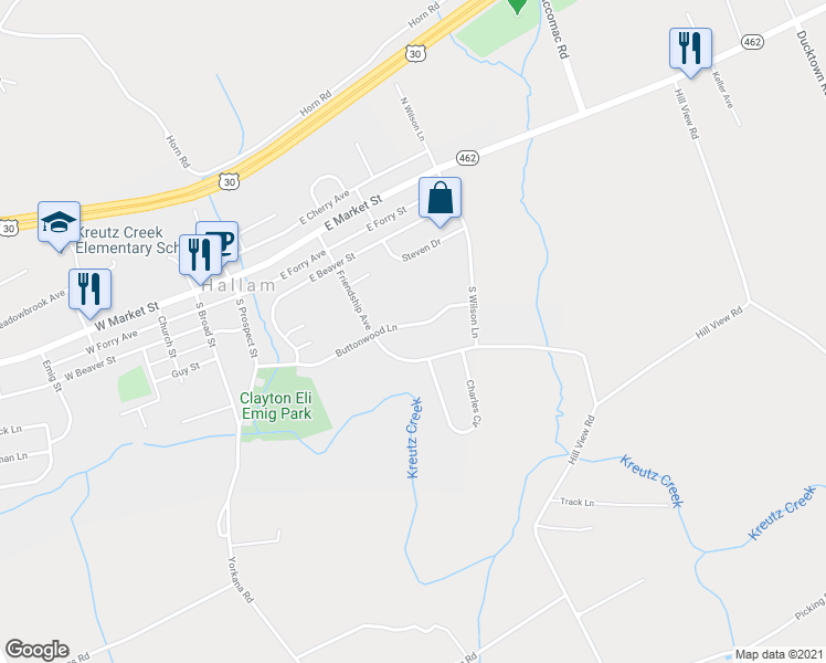 map of restaurants, bars, coffee shops, grocery stores, and more near 304 Buttonwood Lane in Hallam