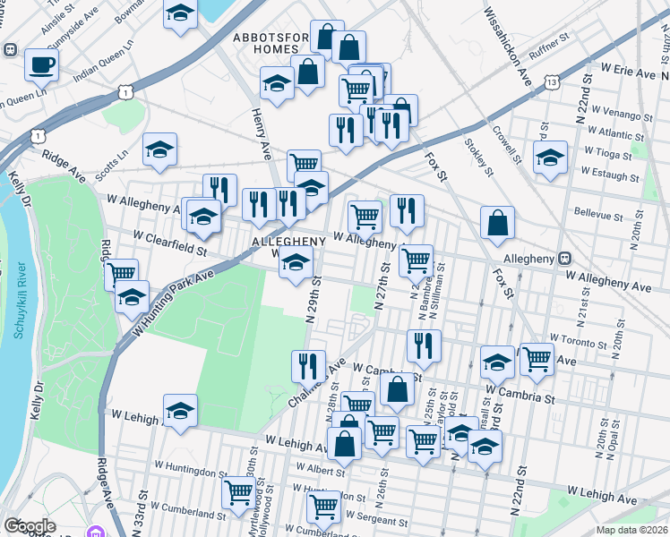 map of restaurants, bars, coffee shops, grocery stores, and more near 3115 North 29th Street in Philadelphia