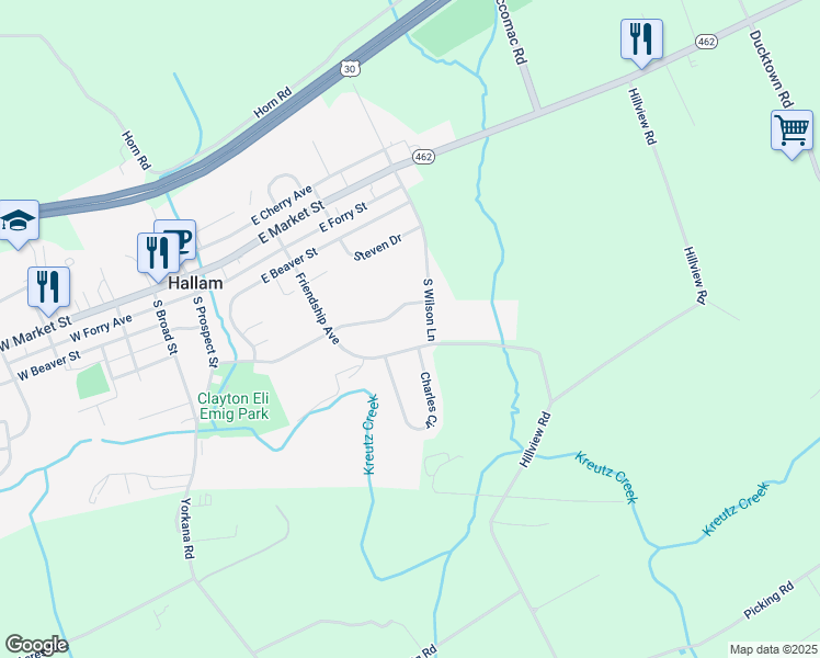map of restaurants, bars, coffee shops, grocery stores, and more near 416 Buttonwood Lane in Hallam