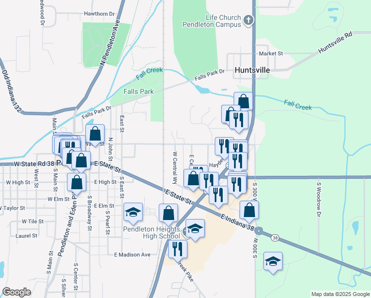 map of restaurants, bars, coffee shops, grocery stores, and more near 548 East Water Street in Pendleton
